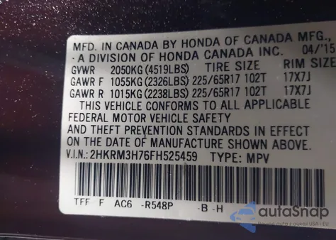 2015 Honda Cr-V Ex-L z USA, uszkodzony, nr VIN 2HKRM3H76FH525459